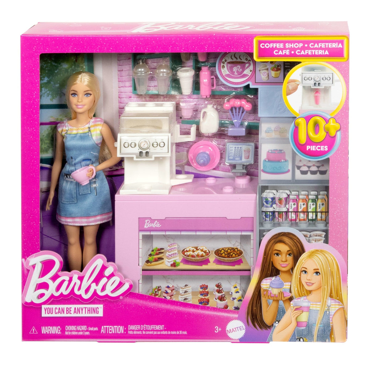 Barbie Coffret de Jeu Café, Poupée Barista Blonde, 10+Accessoires