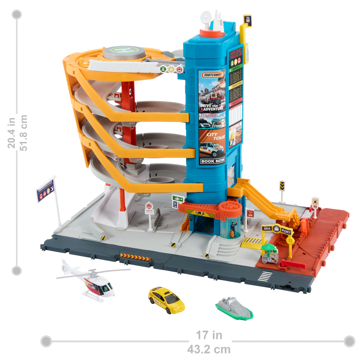 Matchbox Action Drivers Transportation Center With A 1:64 Scale Taxi, Boat & Helicopter Plus A Food Vendor Accessory (3 Vehicles, 1 Accessory)