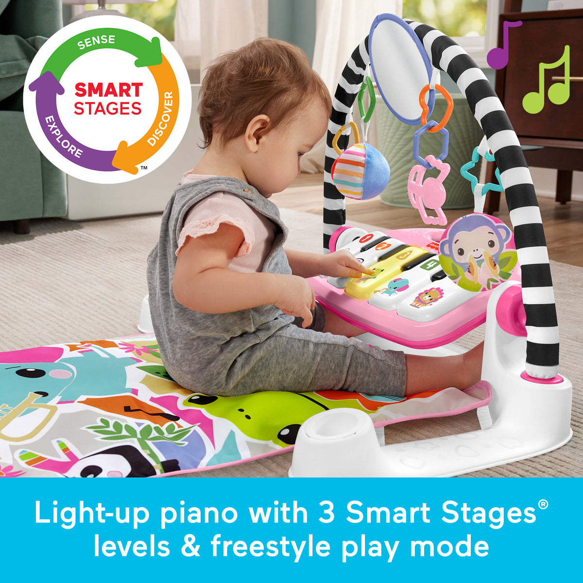 Fisher-Price Glow And Grow Kick & Play Piano Gym Baby Playmat With Musical Learning Toy, Pink