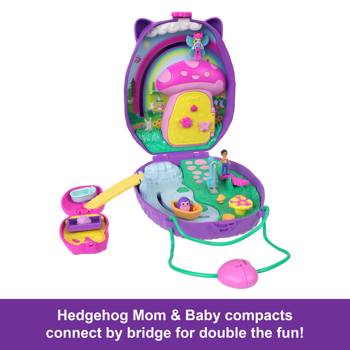 Polly Pocket Hedgehog Mom & Baby Purse Playset With 2 Dolls & 16 Accessories including Pets