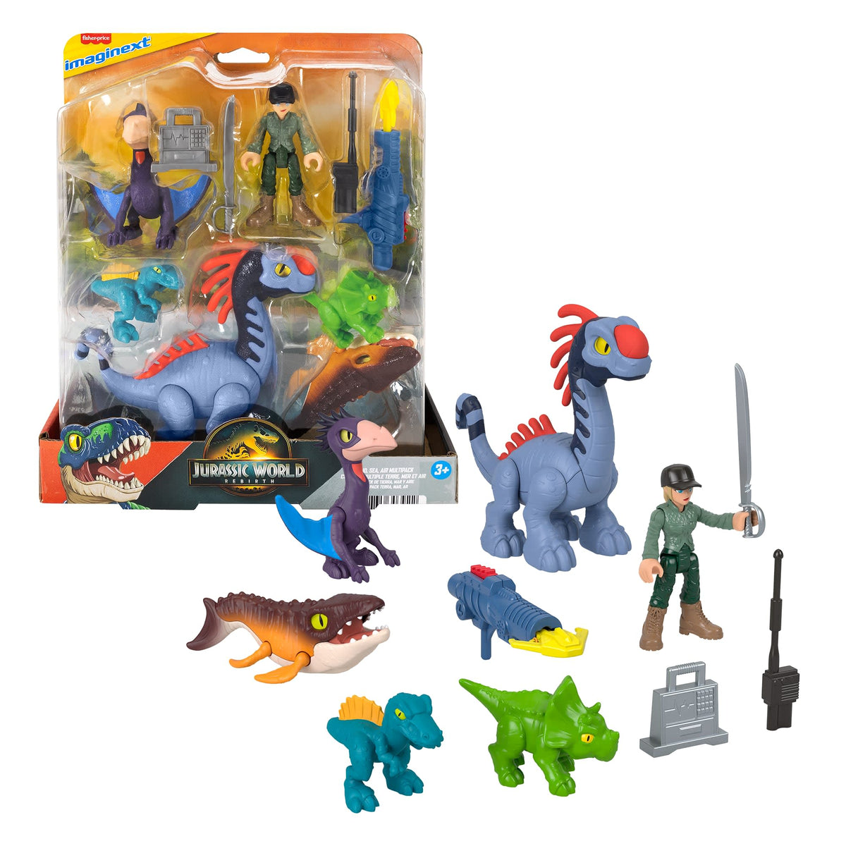 Imaginext Jurassic World Dinossauro de Brinquedo Rebirth Pacote de Dinos Terra, Ar e Mar