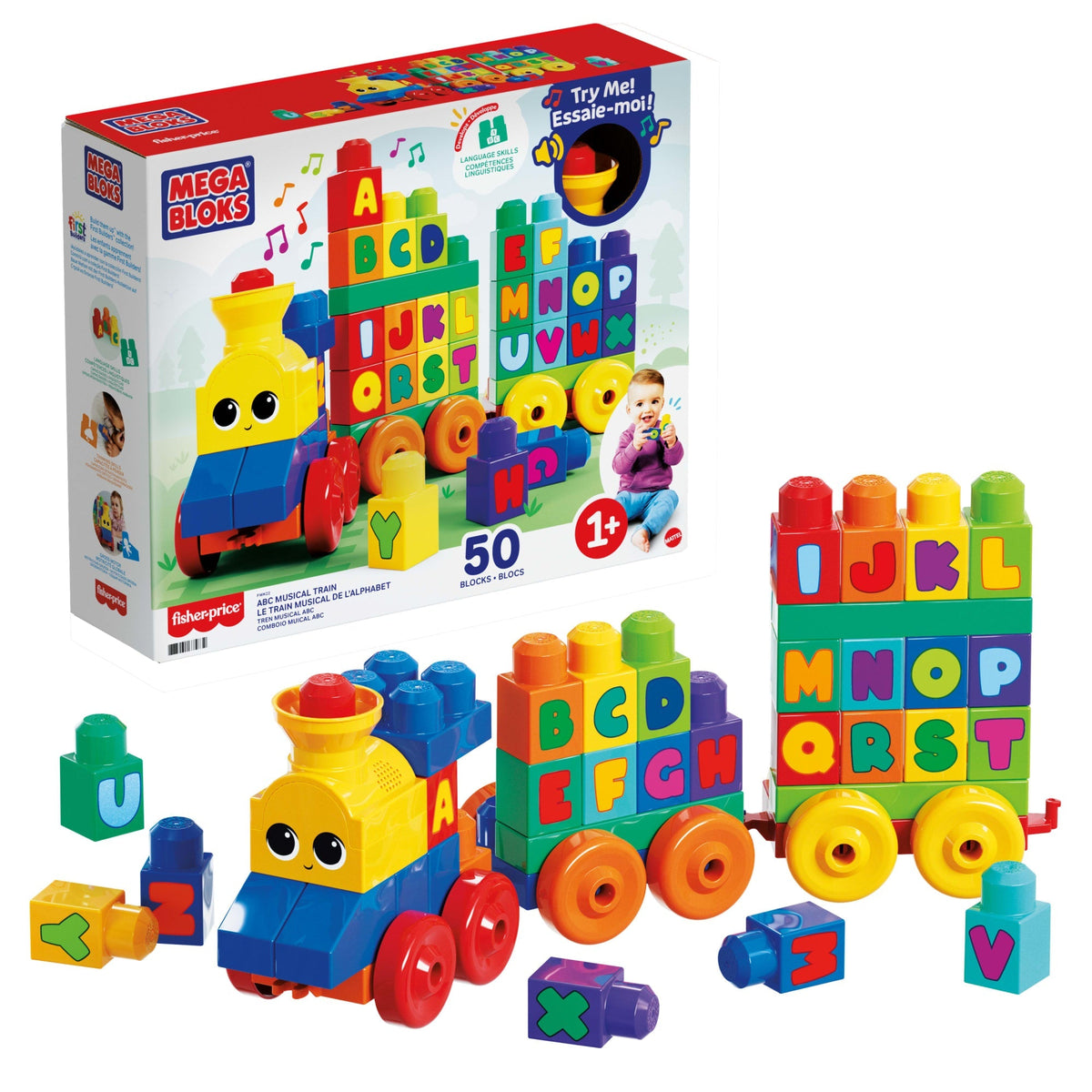 MEGA BLOKS First Builders ABC Musical Train Toy Building Blocks With Music (50 Pieces) For Toddler