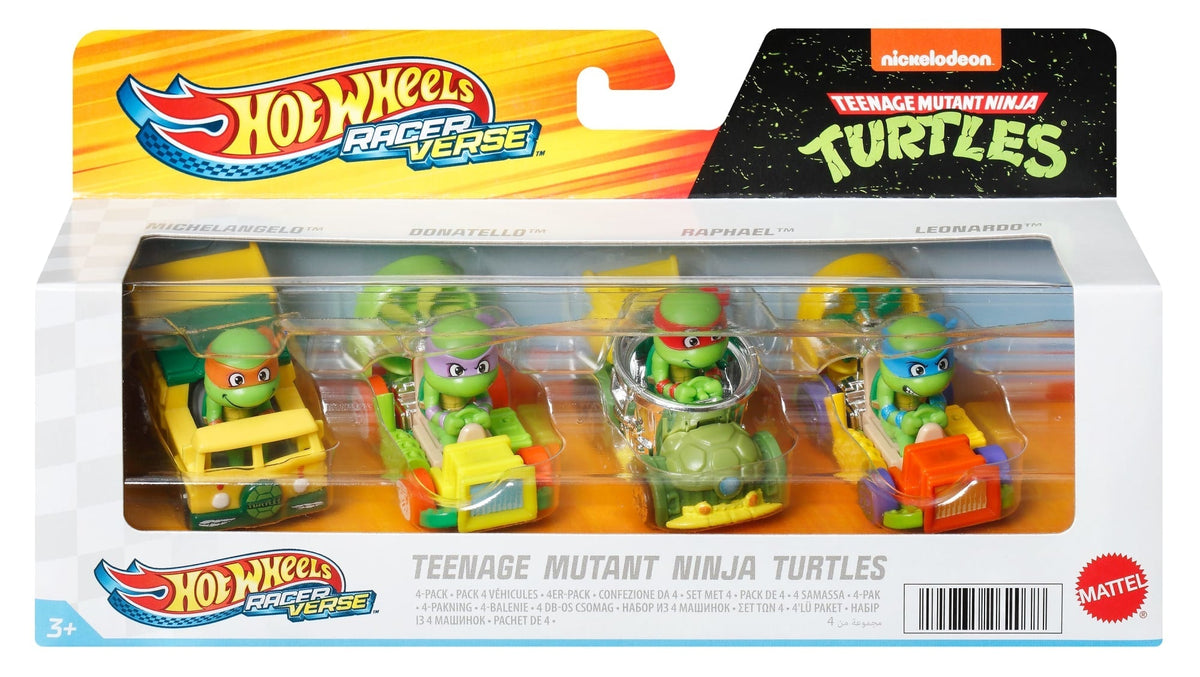 Hot Wheels RacerVerse Vehículo de Juguete Tortugas Ninja Paquete con 4 Personajes