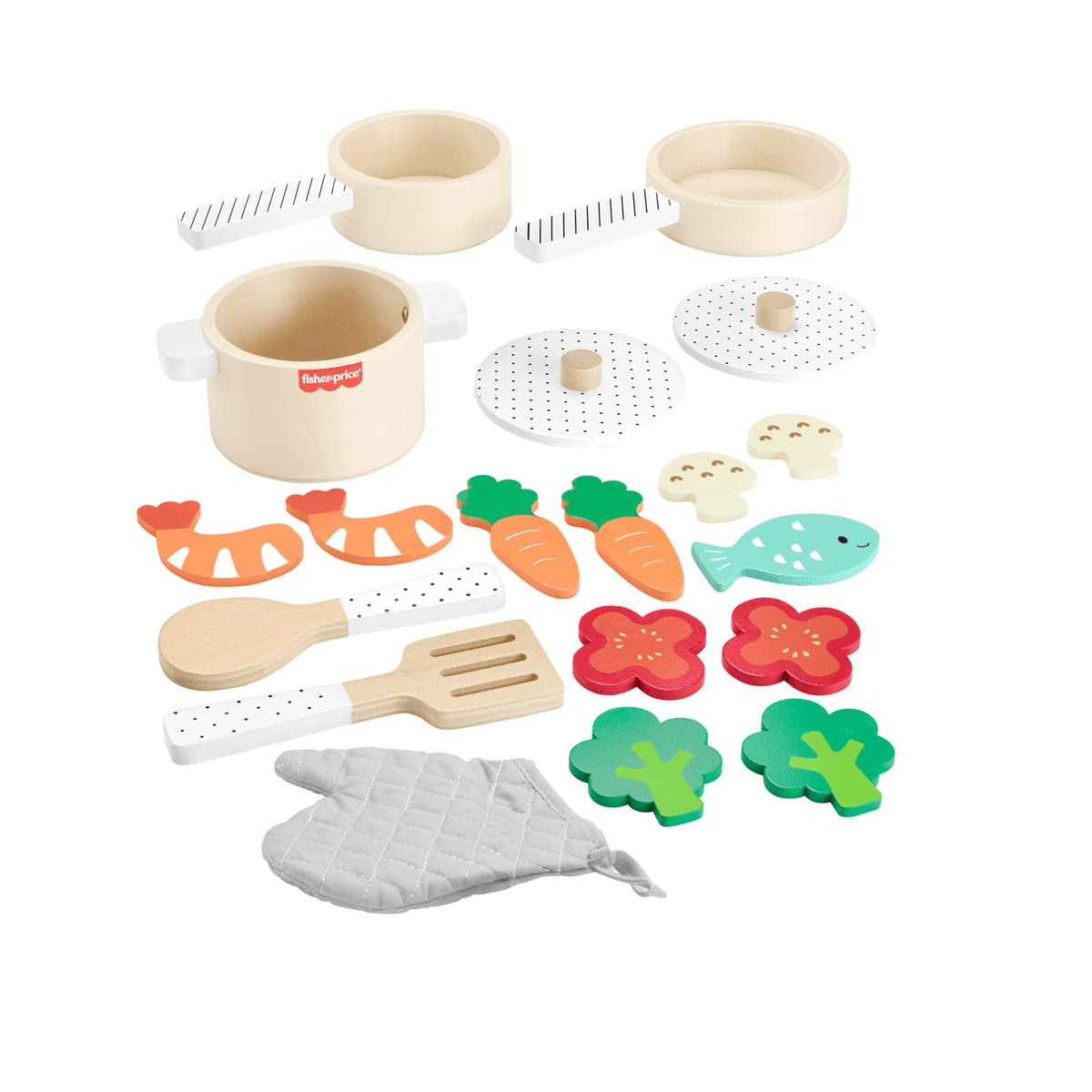 Fisher-Price Coffret Marmite et Casseroles en Bois, 19 Éléments